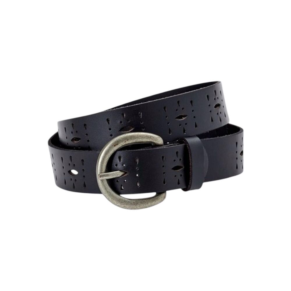 Womens Black Genuine Leather Belt Perforated Brushed Metal Buckle Boho Western L